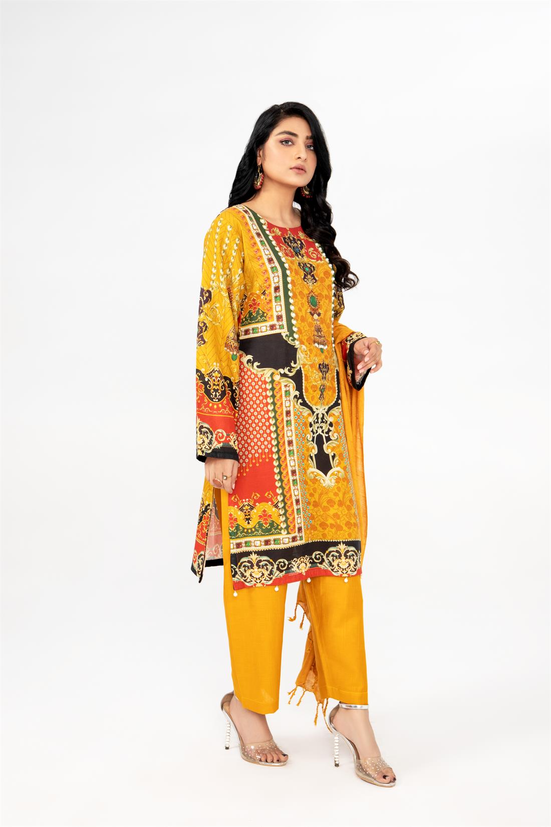 Mustard & Green Printed Mustard/Green 3 Piece Khadar Ladies Readymade Suit