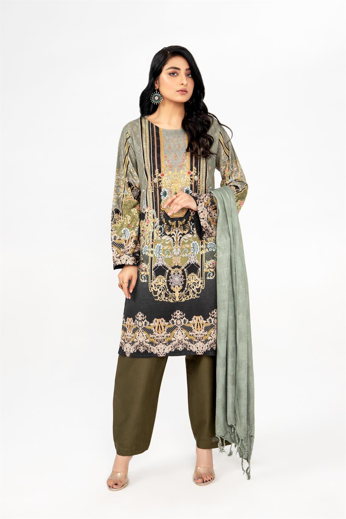 Mehndi & Black Printed Khadar 3 Piece Ladies Readymade Suit