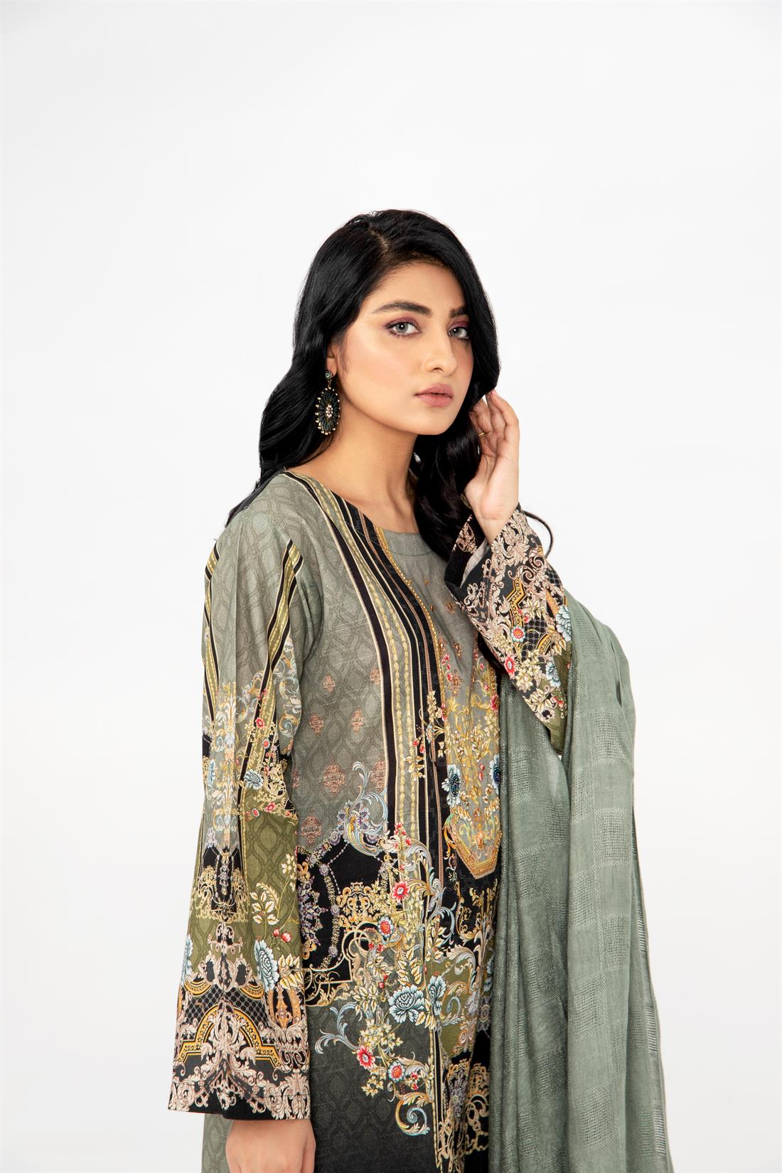 Mehndi & Black Printed Khadar 3 Piece Ladies Readymade Suit