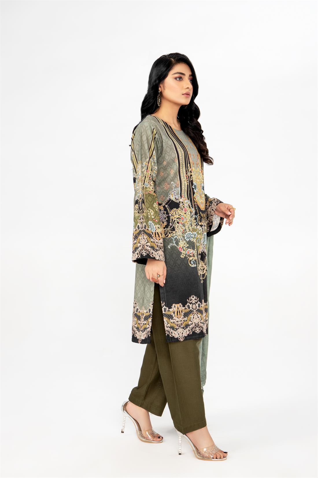 Mehndi & Black Printed Khadar 3 Piece Ladies Readymade Suit