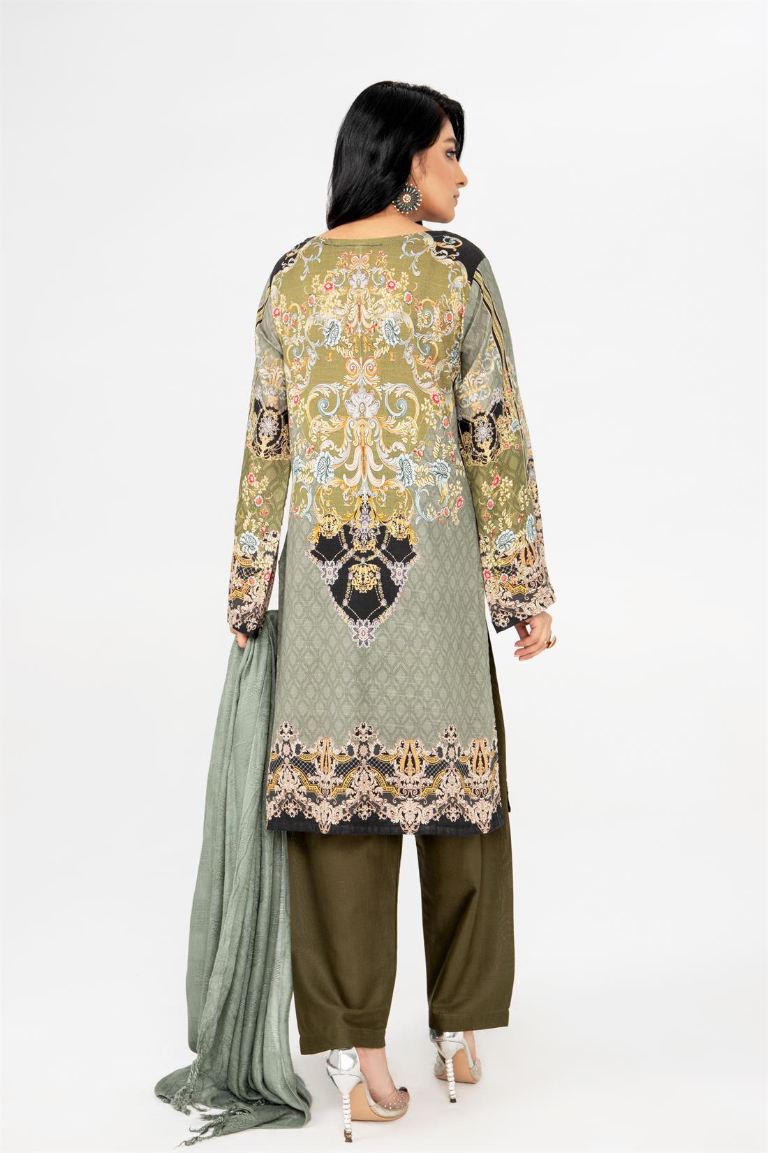 Mehndi & Black Printed Khadar 3 Piece Ladies Readymade Suit