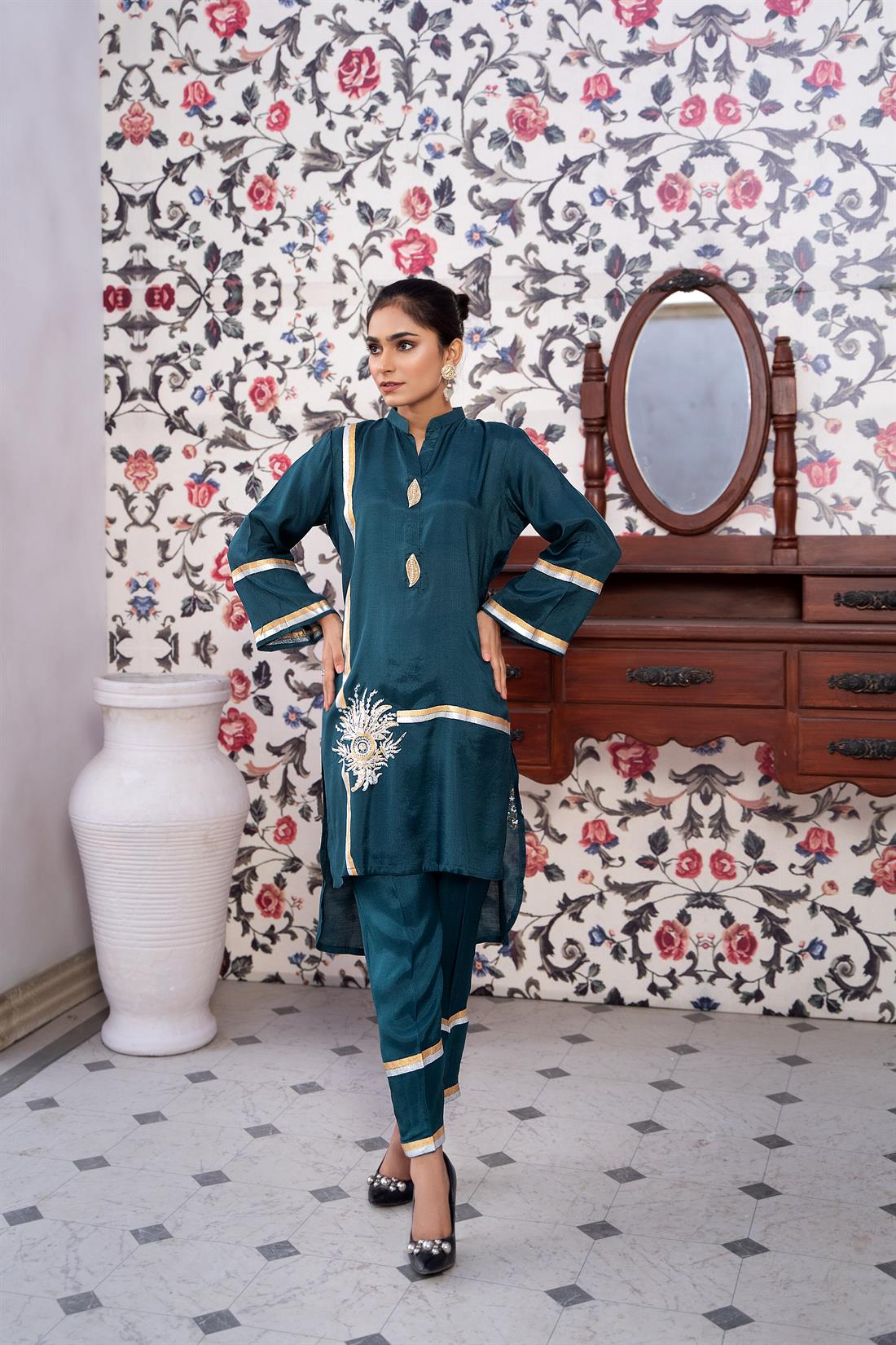 Teal Embroidered 2 Piece Block Print Raw Silk Kameez with Toruser