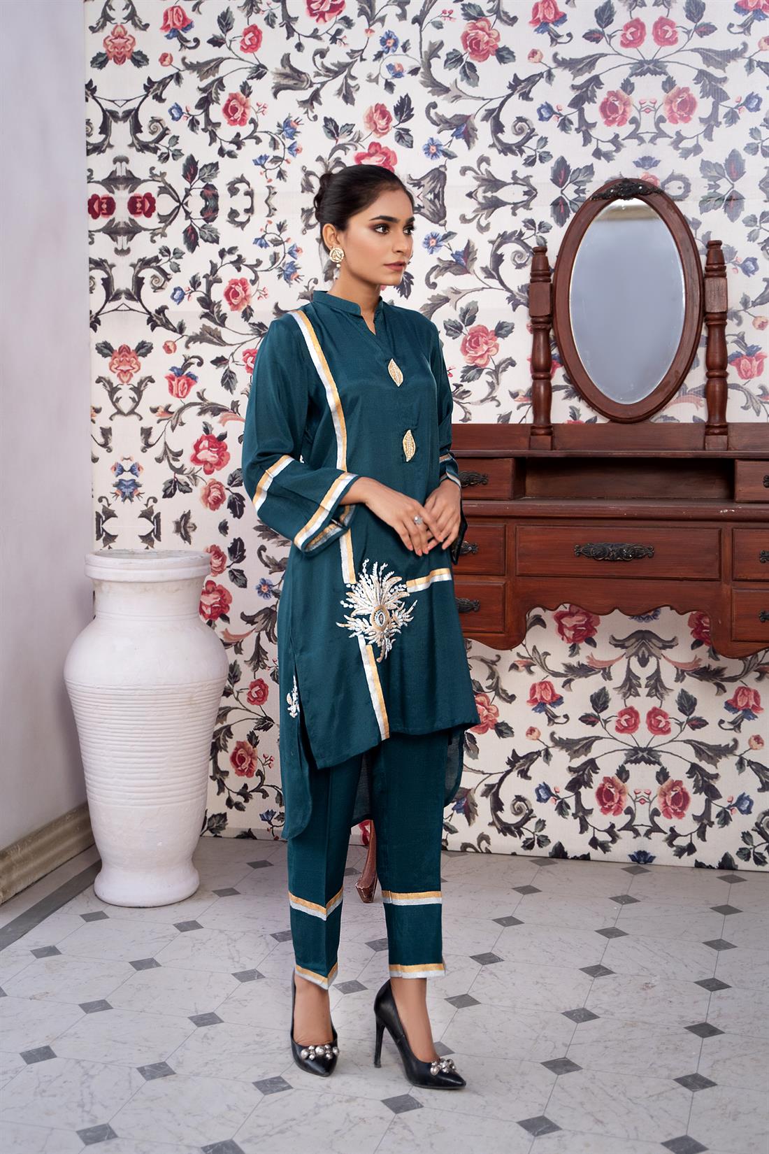 Teal Embroidered 2 Piece Block Print Raw Silk Kameez with Toruser