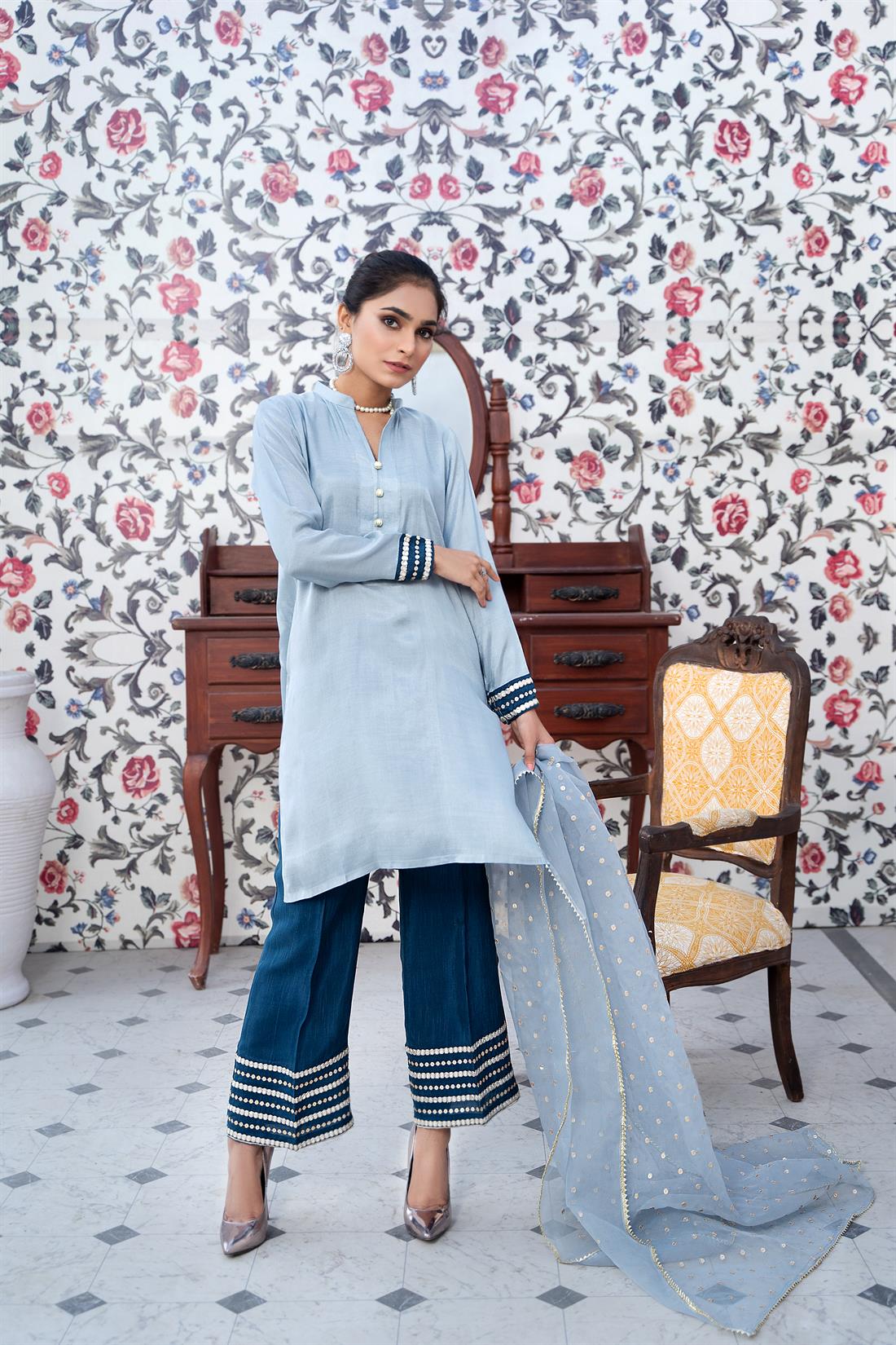 Ice Blue Mirror Work Raw Silk 3 Piece Cotton Readymade Kameez with Palazzo