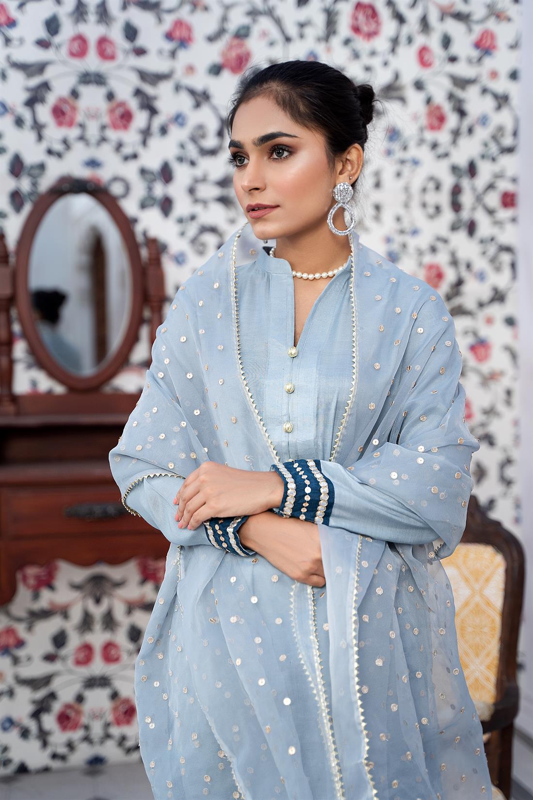 Ice Blue Mirror Work Raw Silk 3 Piece Cotton Readymade Kameez with Palazzo