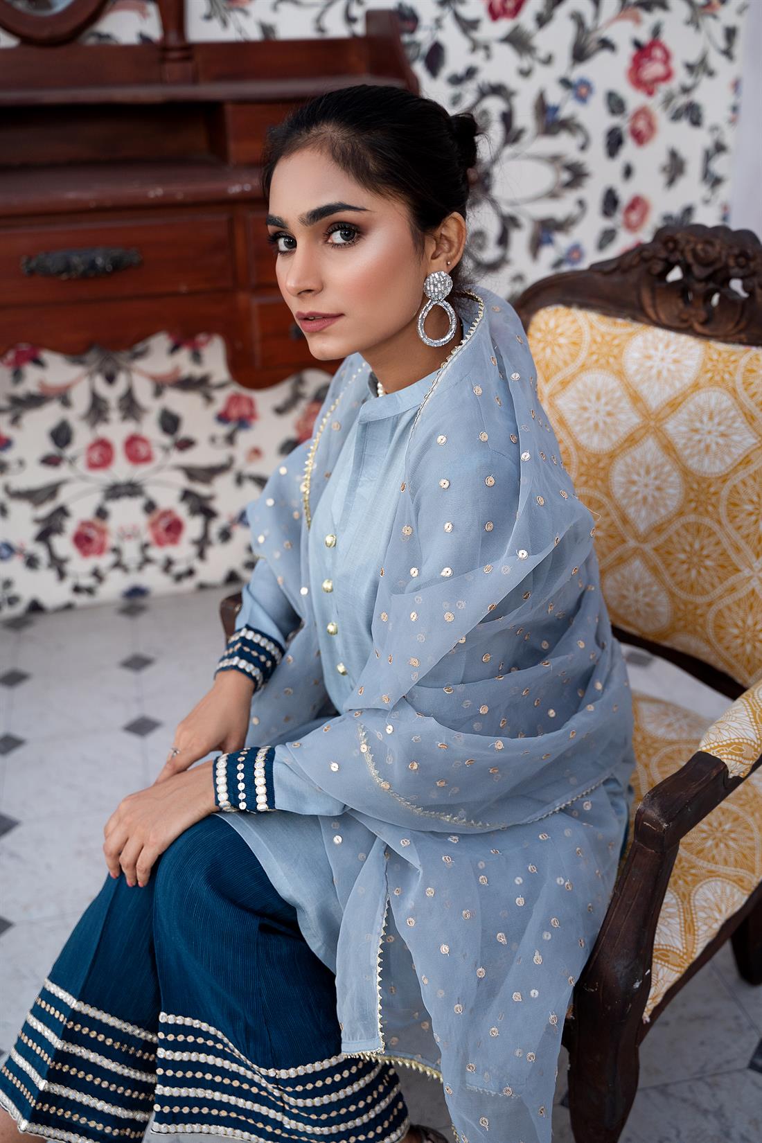 Ice Blue Mirror Work Raw Silk 3 Piece Cotton Readymade Kameez with Palazzo