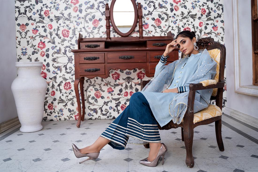 Ice Blue Mirror Work Raw Silk 3 Piece Cotton Readymade Kameez with Palazzo