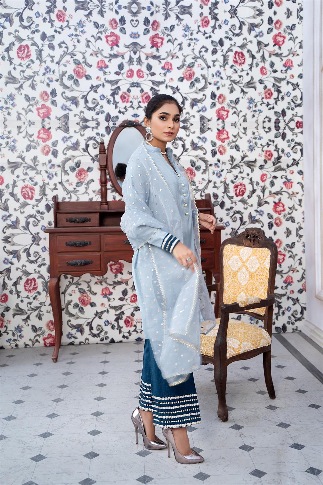 Ice Blue Mirror Work Raw Silk 3 Piece Cotton Readymade Kameez with Palazzo