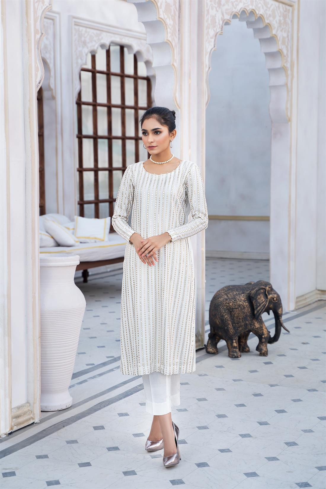 Off White Raw Silk 2 Piece Embroidered Cotton Kameez with Trouser