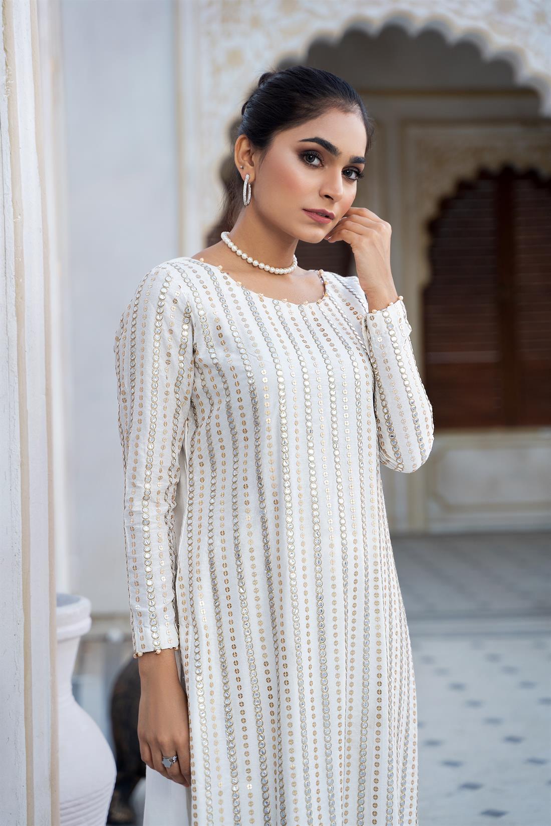 Off White Raw Silk 2 Piece Embroidered Cotton Kameez with Trouser