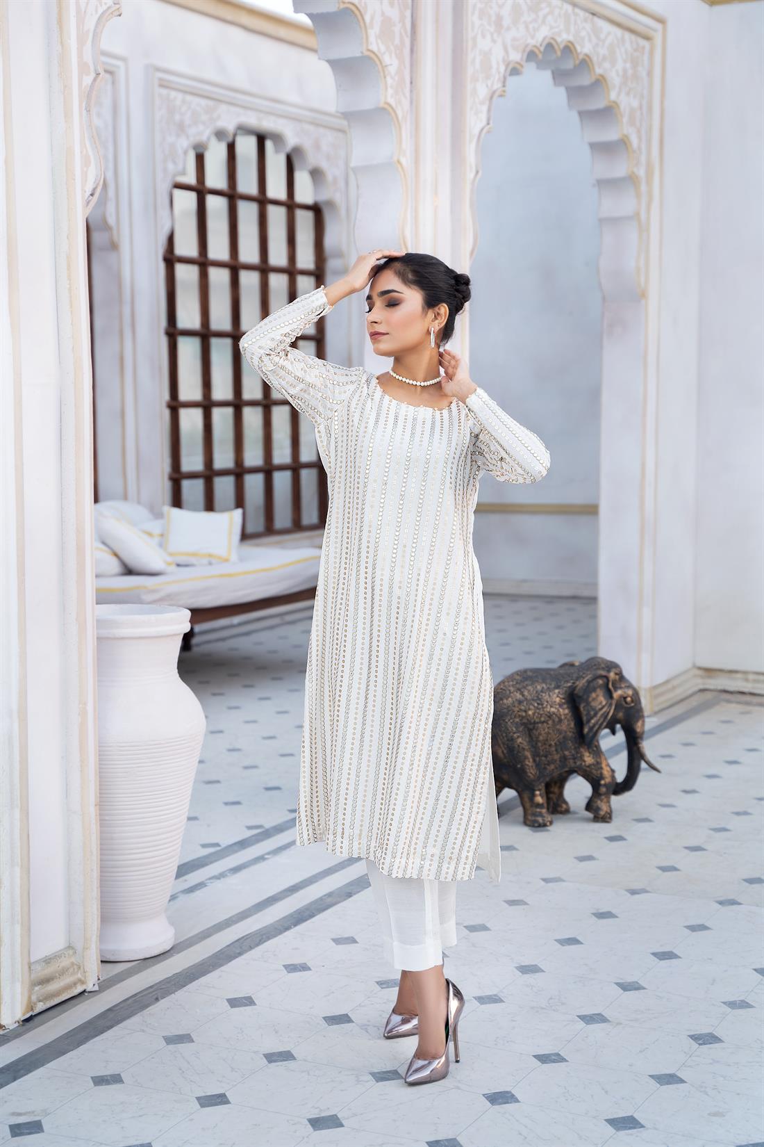 Off White Raw Silk 2 Piece Embroidered Cotton Kameez with Trouser