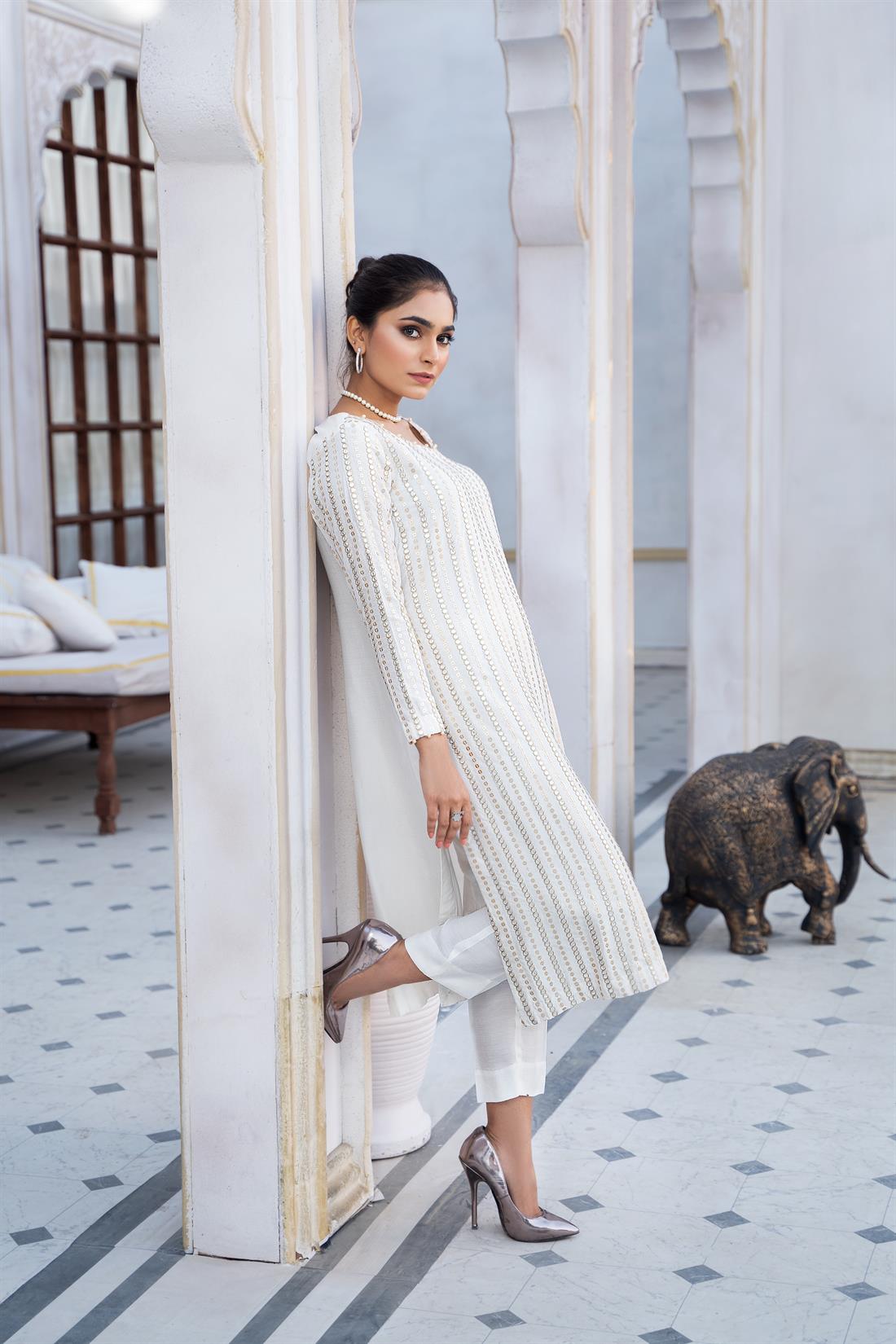Off White Raw Silk 2 Piece Embroidered Cotton Kameez with Trouser