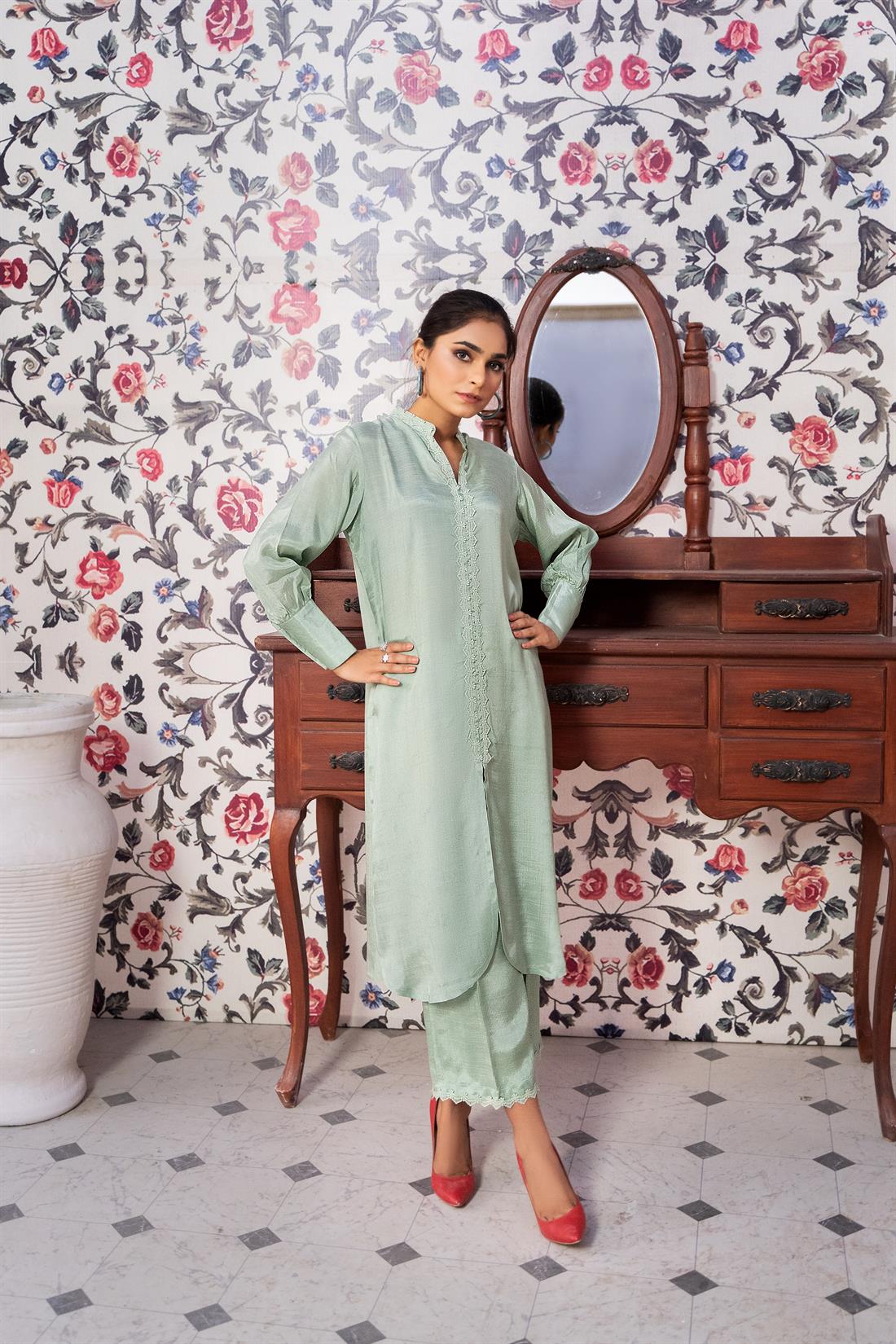 Mint 2 Piece Raw Silk Kameez with Embroidered Palazzo