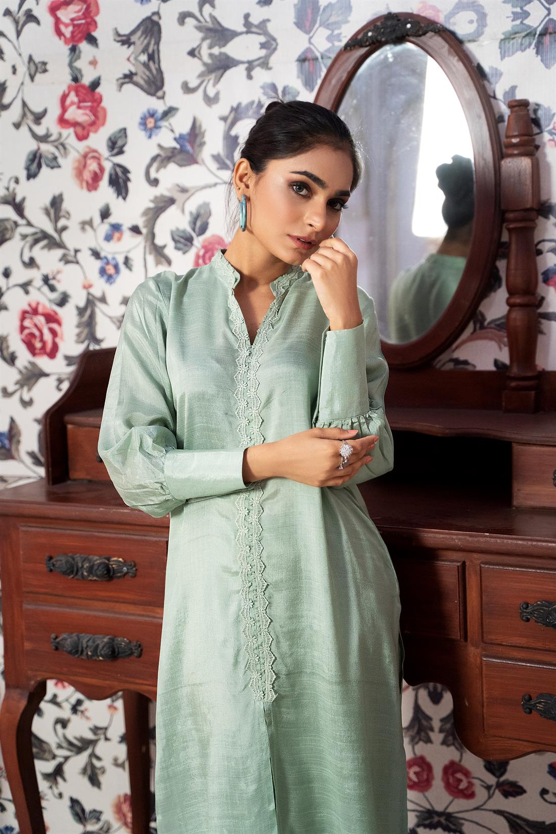 Mint 2 Piece Raw Silk Kameez with Embroidered Palazzo