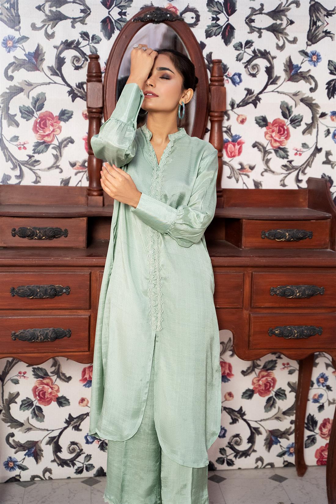 Mint 2 Piece Raw Silk Kameez with Embroidered Palazzo