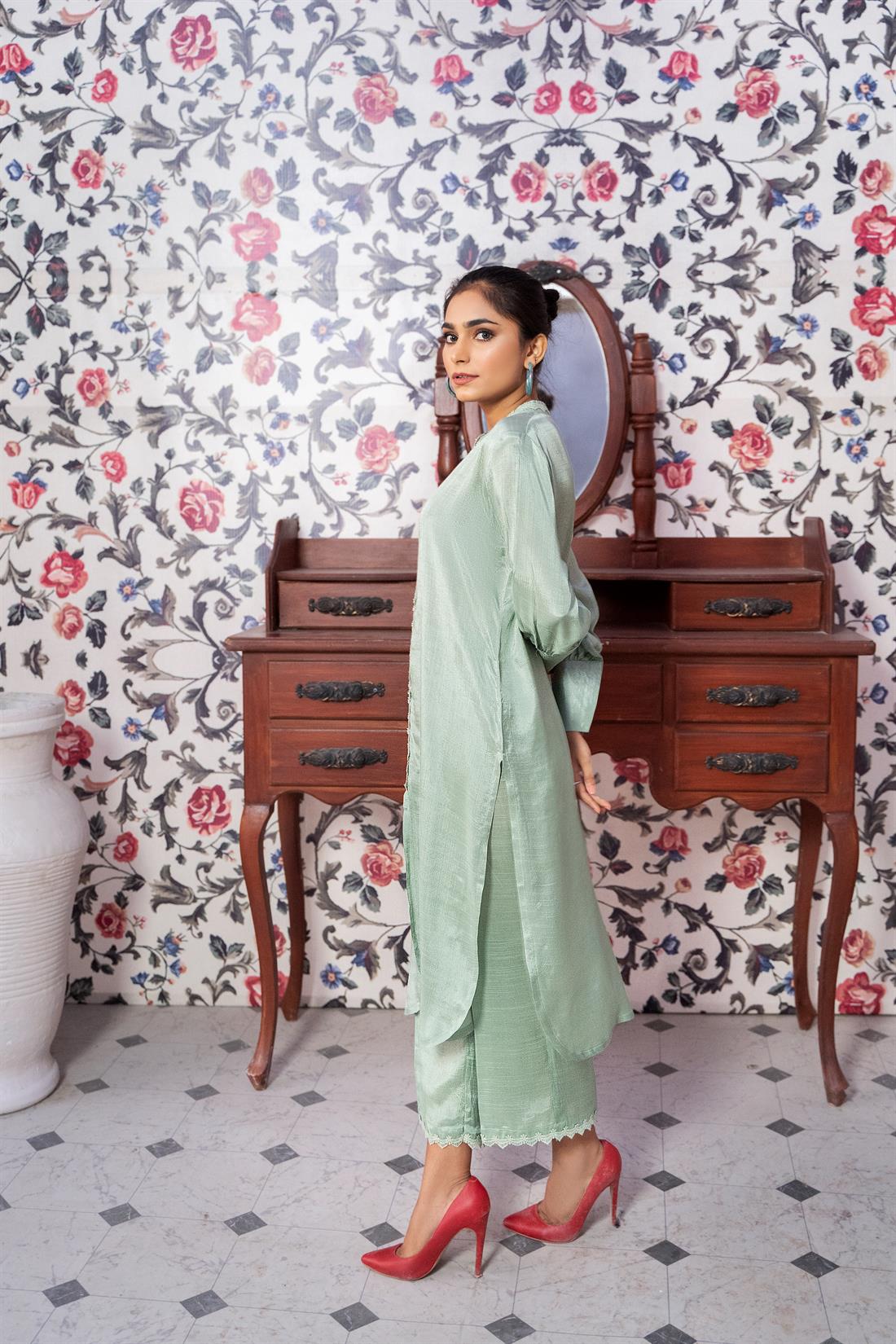 Mint 2 Piece Raw Silk Kameez with Embroidered Palazzo