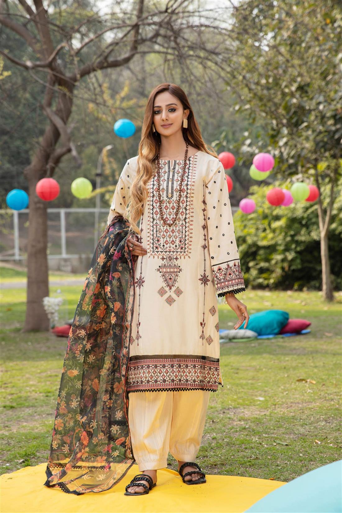 Cream Embroidered Organza Ladies Readymade