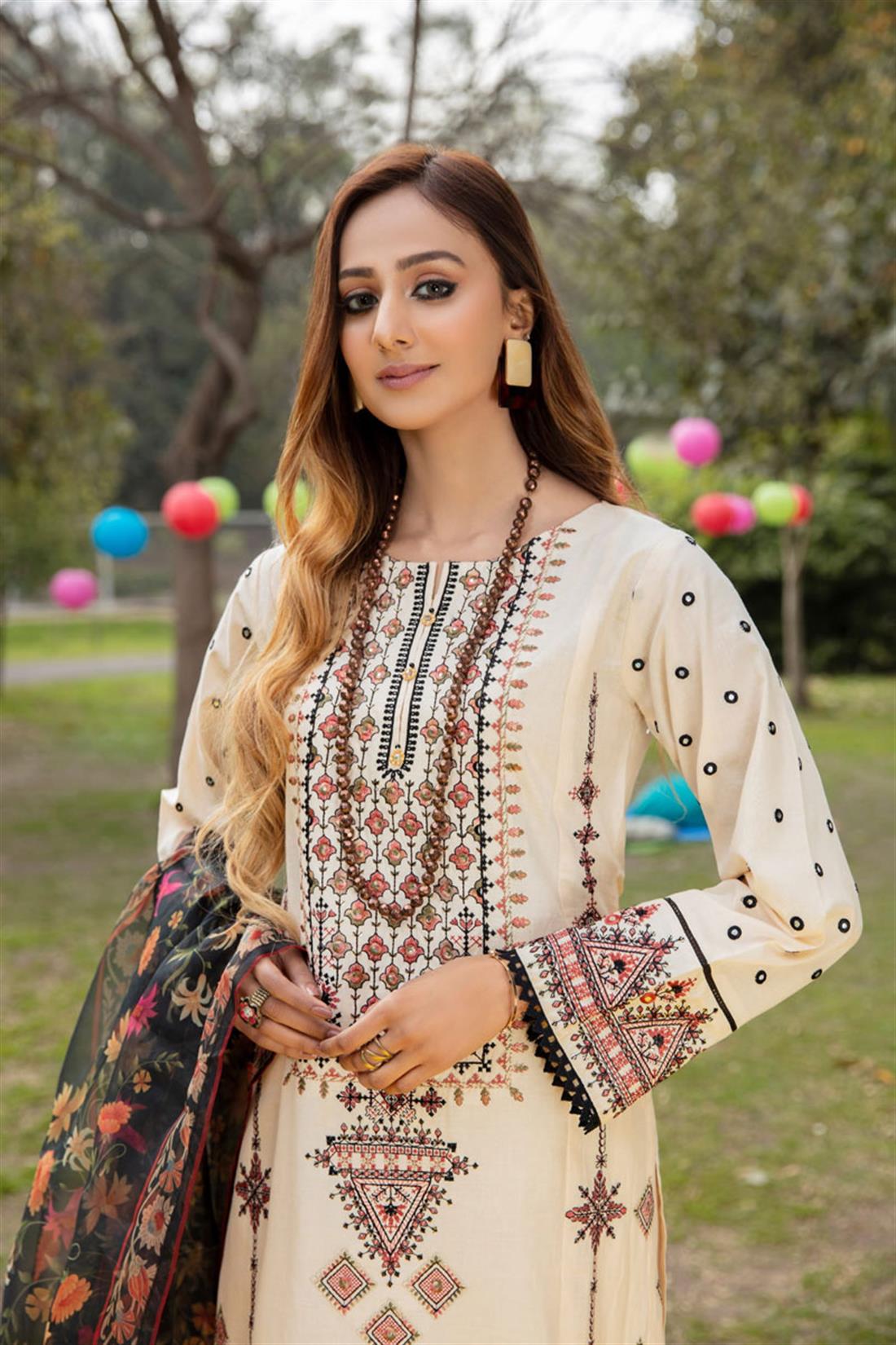 Cream Embroidered Organza Ladies Readymade