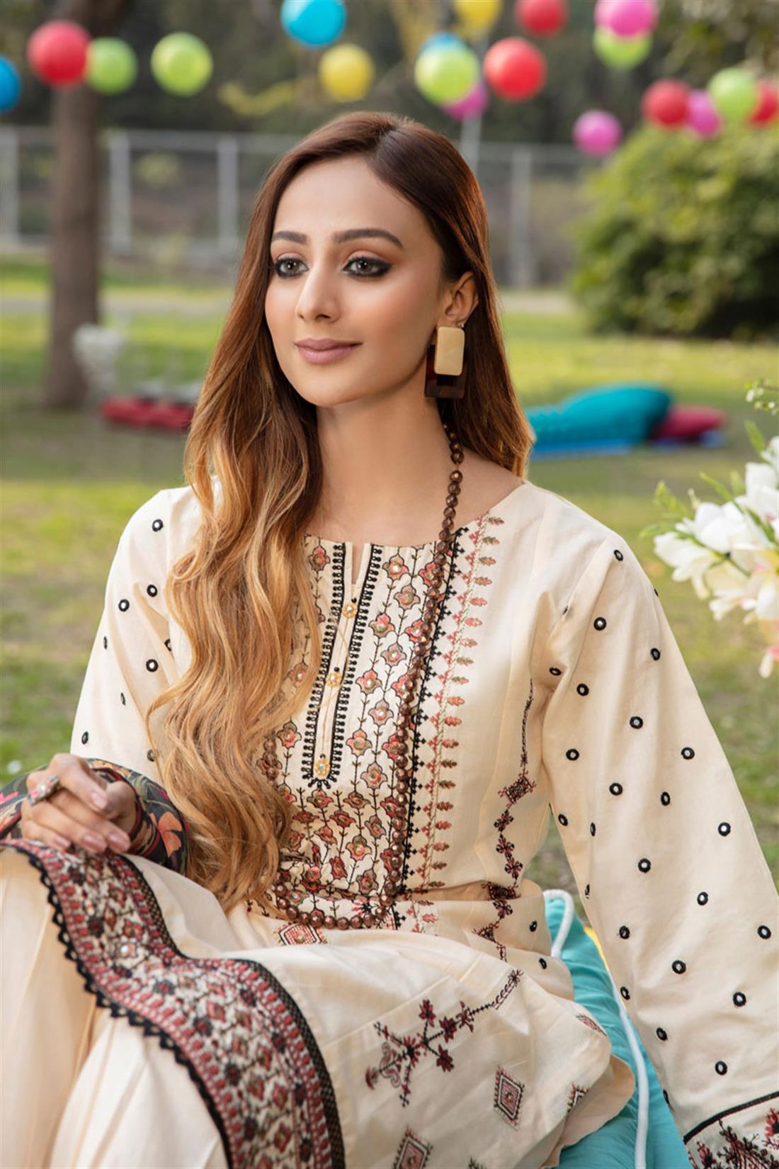 Cream Embroidered Organza Ladies Readymade