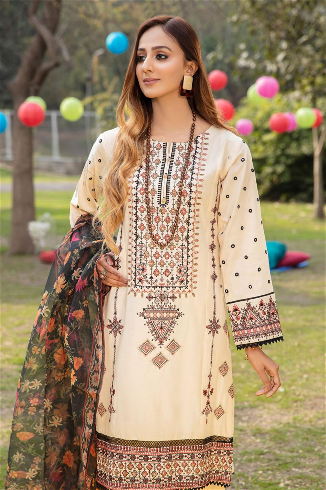 Cream Embroidered Organza Ladies Readymade