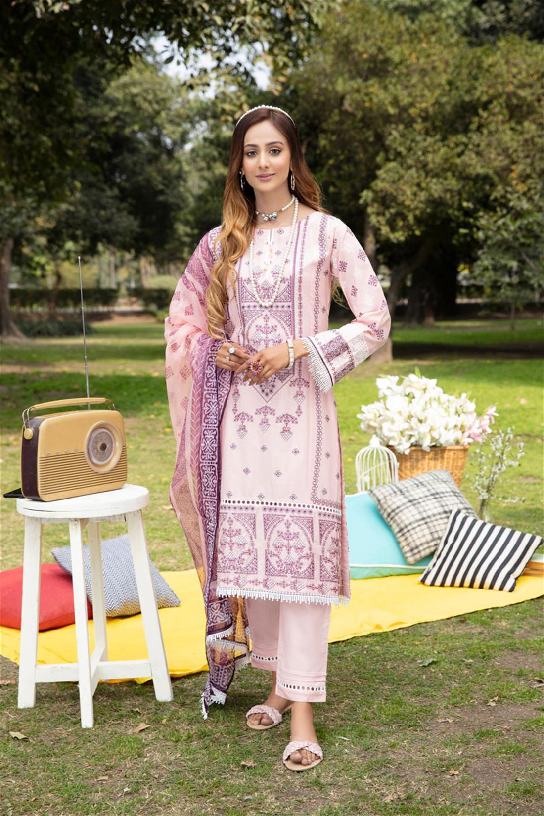 Light Pink Embroidered Organza Ladies Readymade