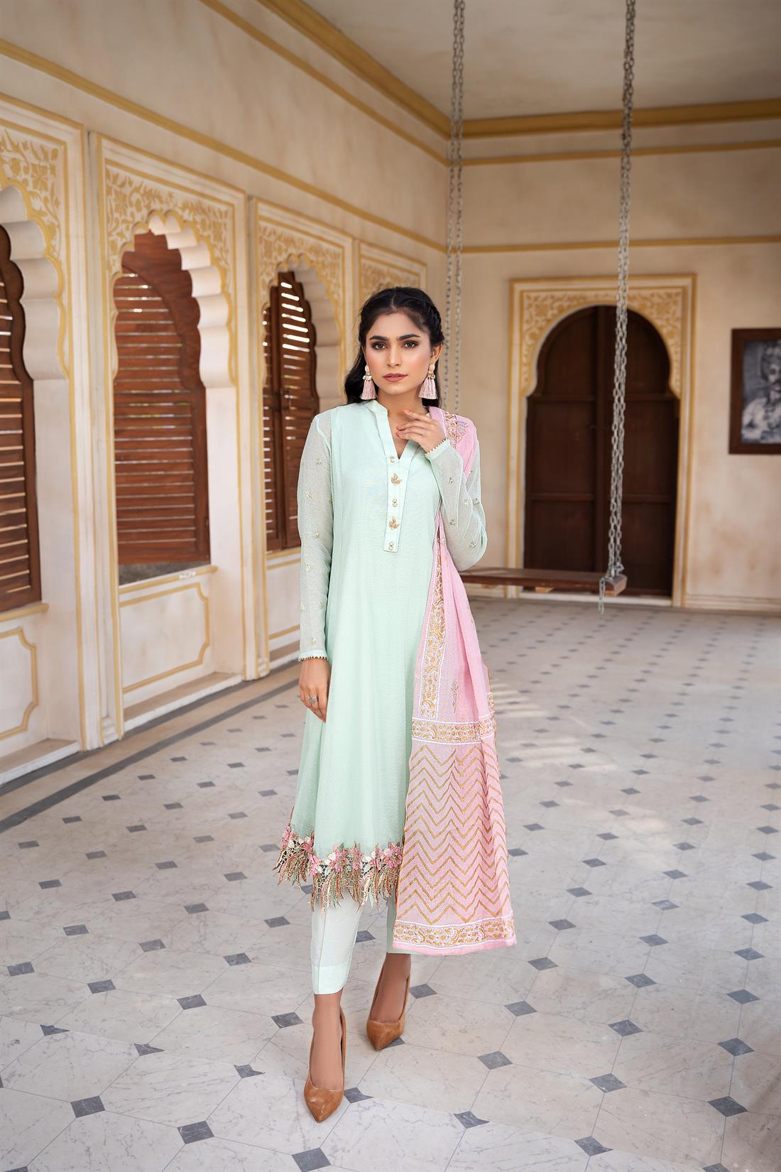 Mint Printed Silk 3 Piece Cotton Net Salwar Kameez with Dupatta
