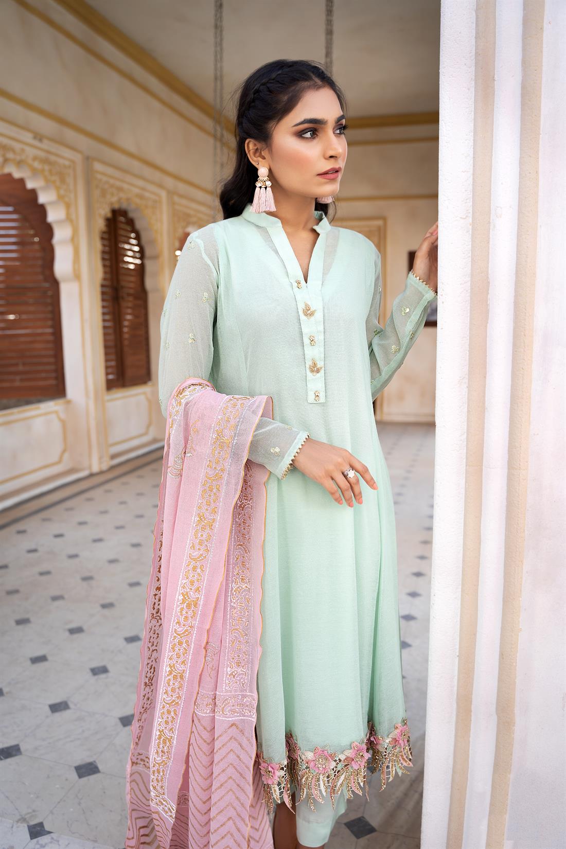 Mint Printed Silk 3 Piece Cotton Net Salwar Kameez with Dupatta