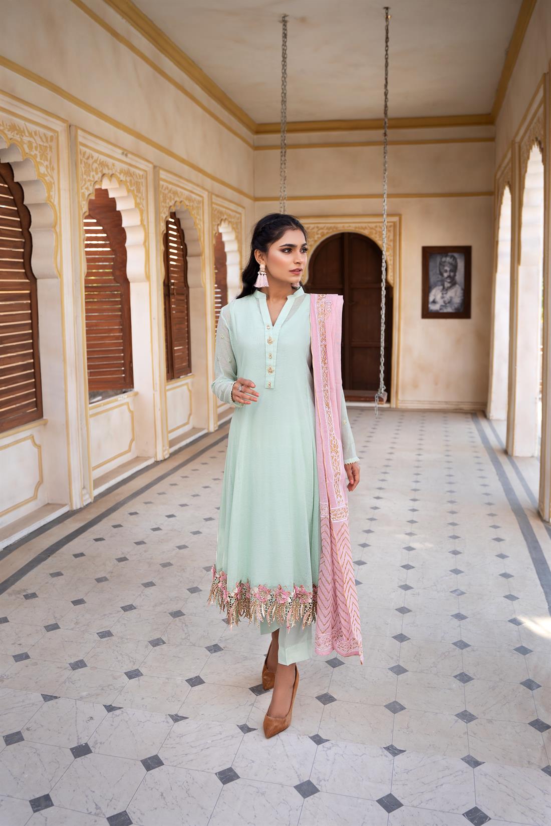 Mint Printed Silk 3 Piece Cotton Net Salwar Kameez with Dupatta