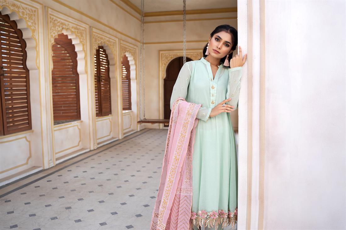 Mint Printed Silk 3 Piece Cotton Net Salwar Kameez with Dupatta