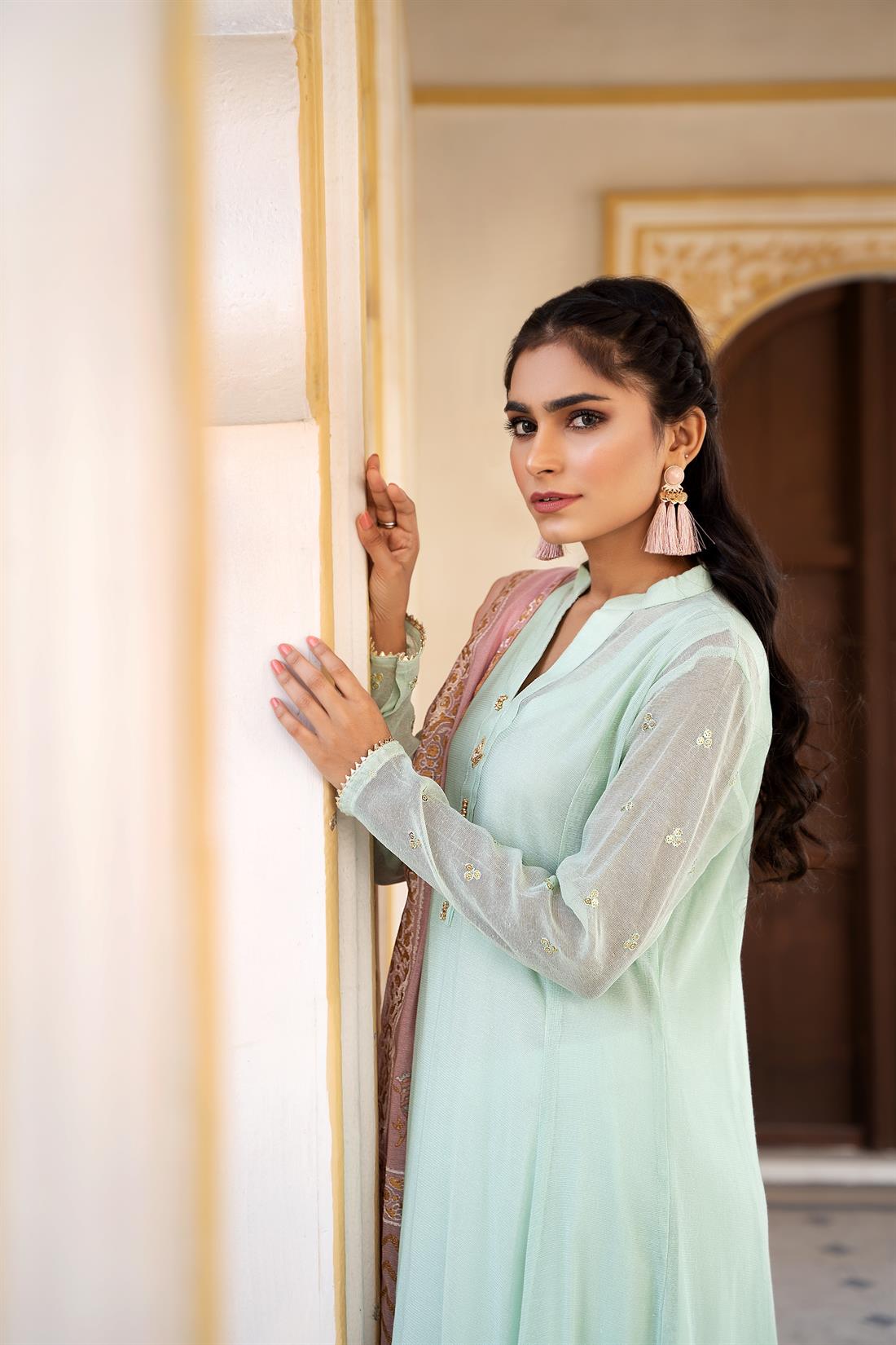 Mint Printed Silk 3 Piece Cotton Net Salwar Kameez with Dupatta