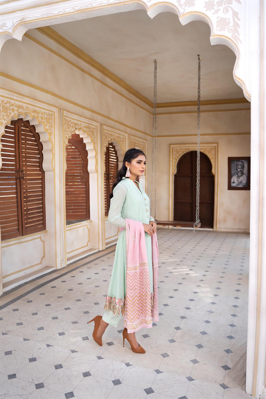 Mint Printed Silk 3 Piece Cotton Net Salwar Kameez with Dupatta