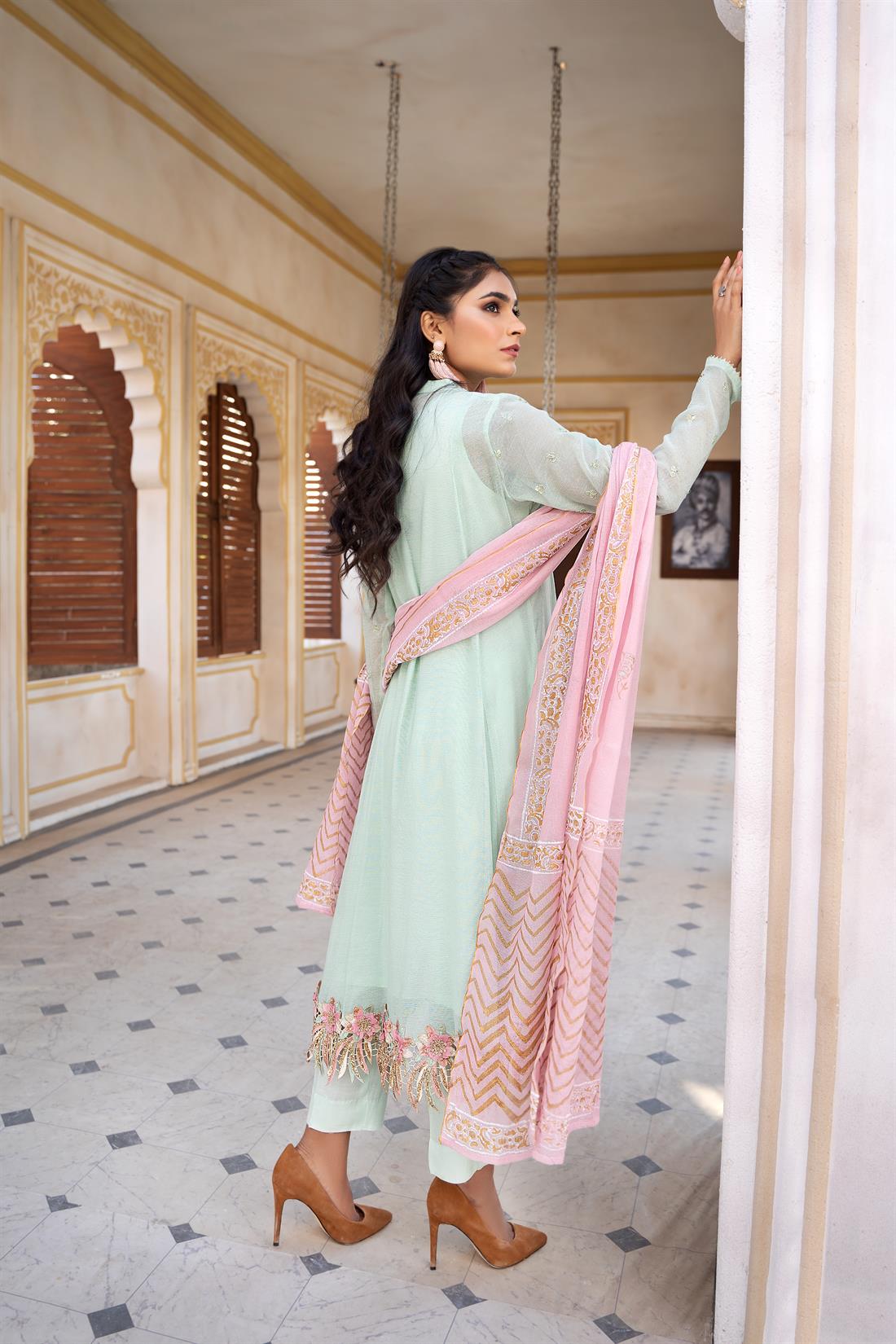 Mint Printed Silk 3 Piece Cotton Net Salwar Kameez with Dupatta