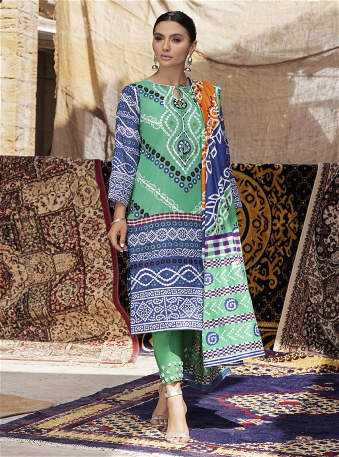 Green 3 Piece Chunri Printed Lawn Salwar Kameez