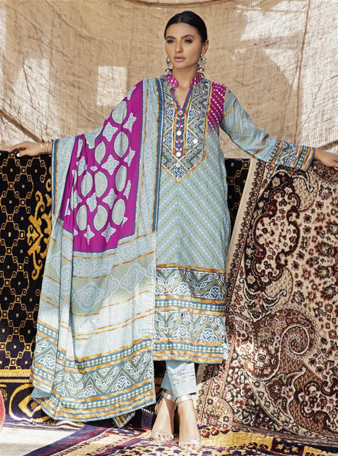 Blue & Multicolour Blue/Multicolour 3 Piece Chunri Printed Lawn Salwar Suit