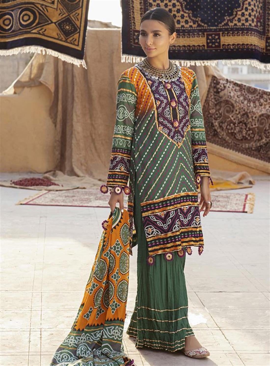 Dark Green & Multicolour Printed Lawn Green/Multicolour 3 Piece Ladies Readymade Salwar Suit