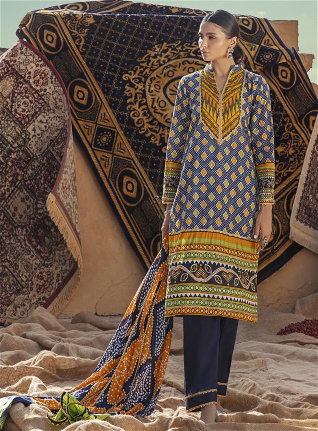 Navy Blue & Yellow Ladies Readymade Chunri Printed Lawn Salwar Suit