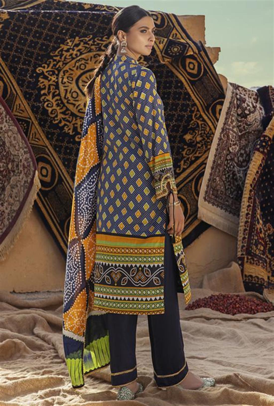 Navy Blue & Yellow Ladies Readymade Chunri Printed Lawn Salwar Suit