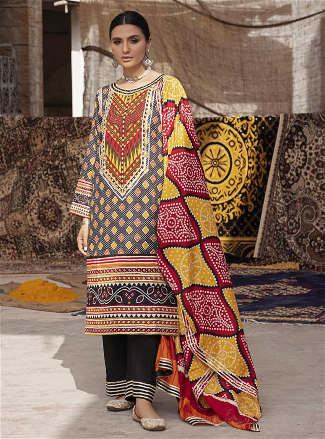 Black Chunri Printed Lawn Readymade Salwar Suit