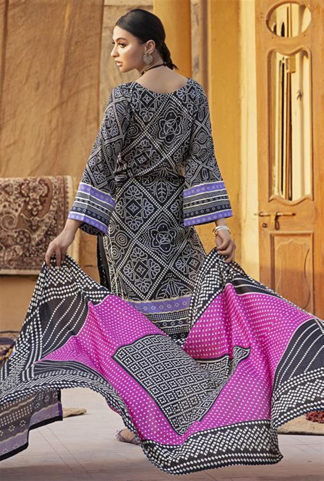 Black & Multicolour Black/Multicolour 3 Piece Chunri Printed Lawn Salwar Suit