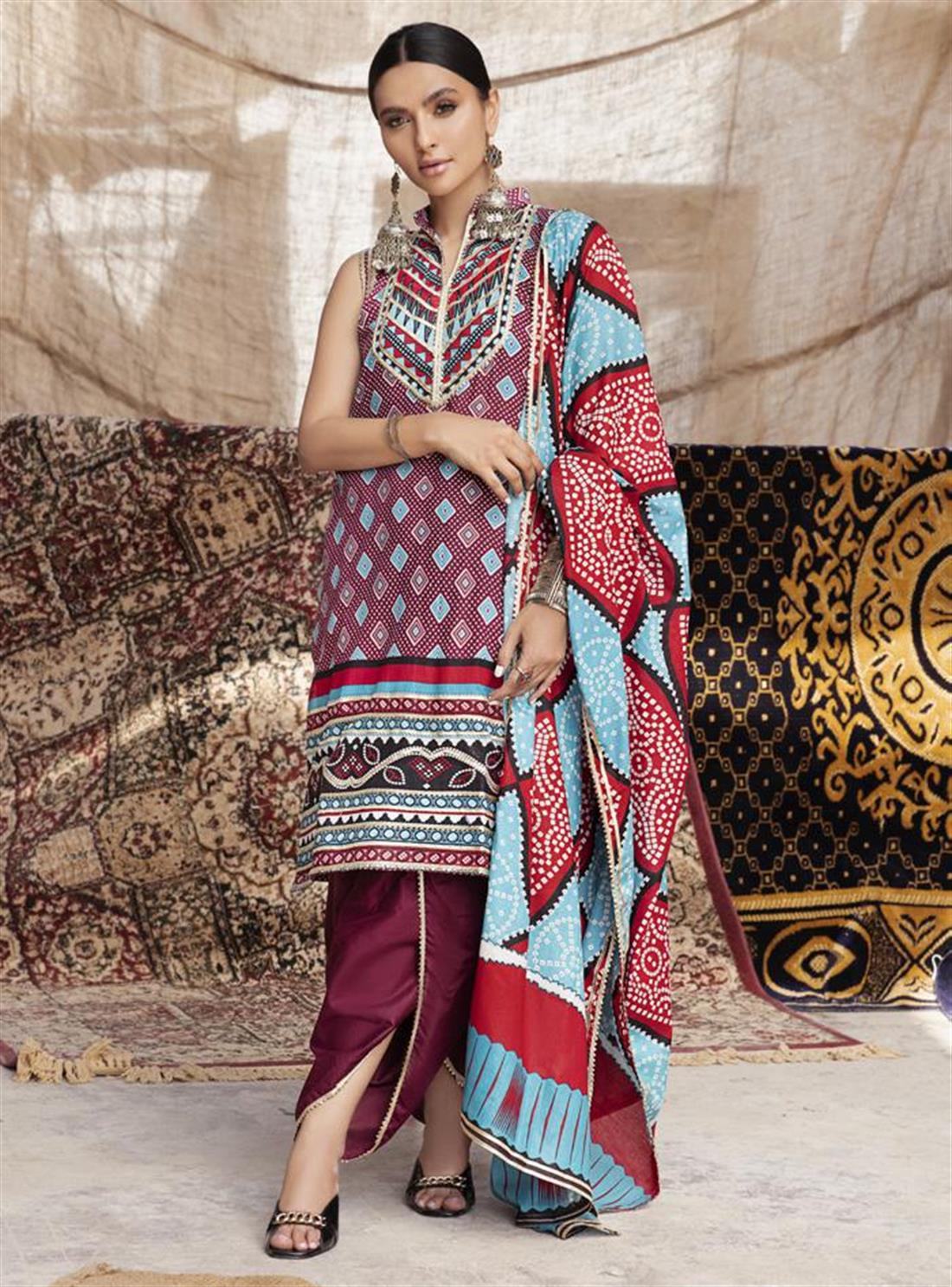 Blue & Burgundy 3 Piece Chunri Printed Lawn Readymade Salwar Suit