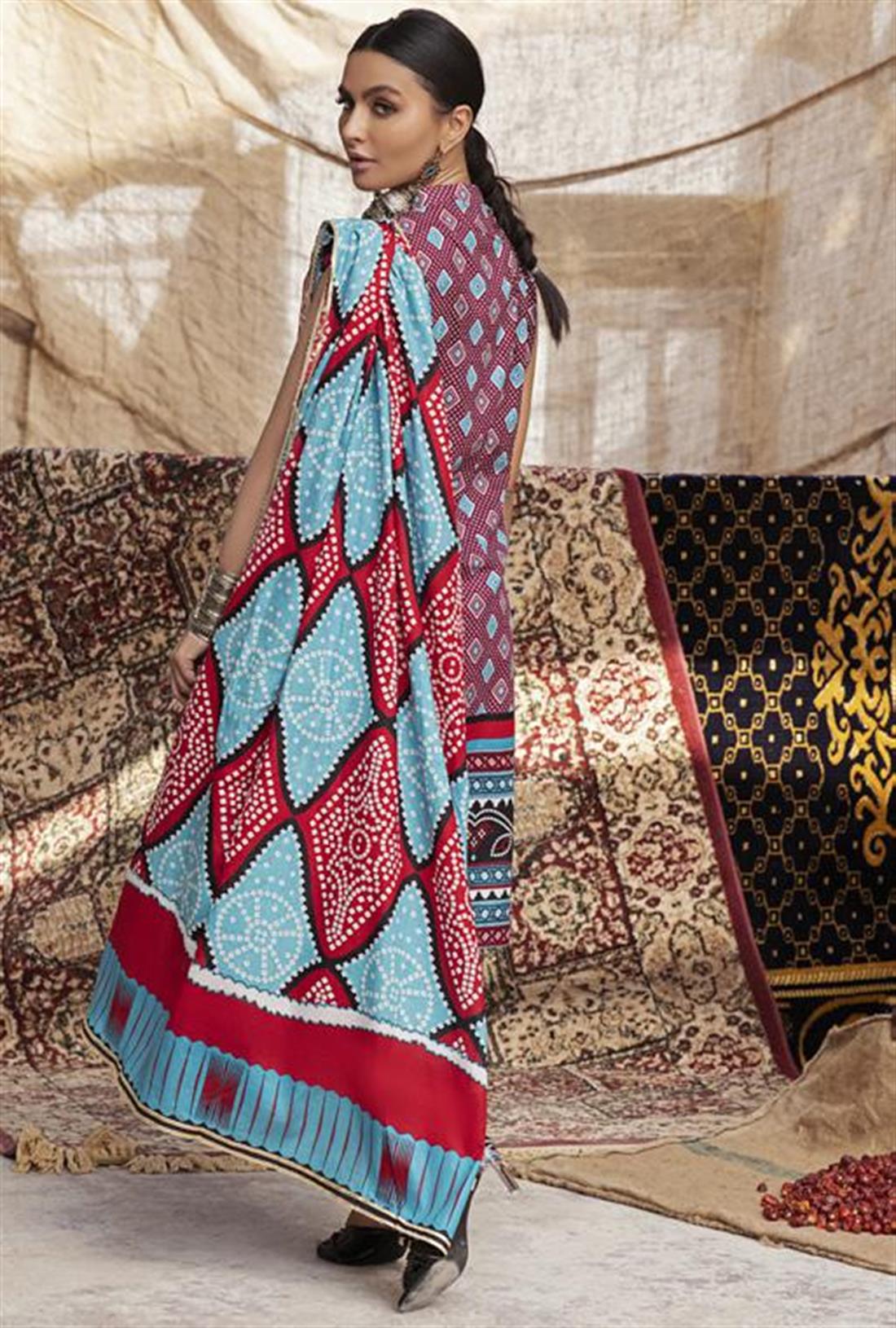 Blue & Burgundy 3 Piece Chunri Printed Lawn Readymade Salwar Suit
