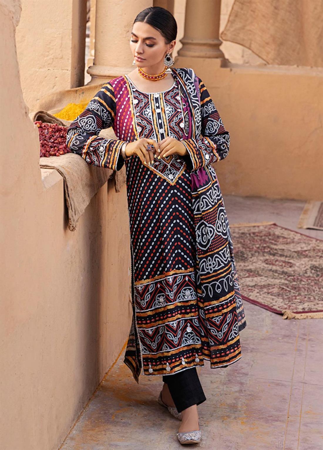 Black & Maroon Printed Black/Maroon Lawn Salwar Suit with Chunri Dupatta