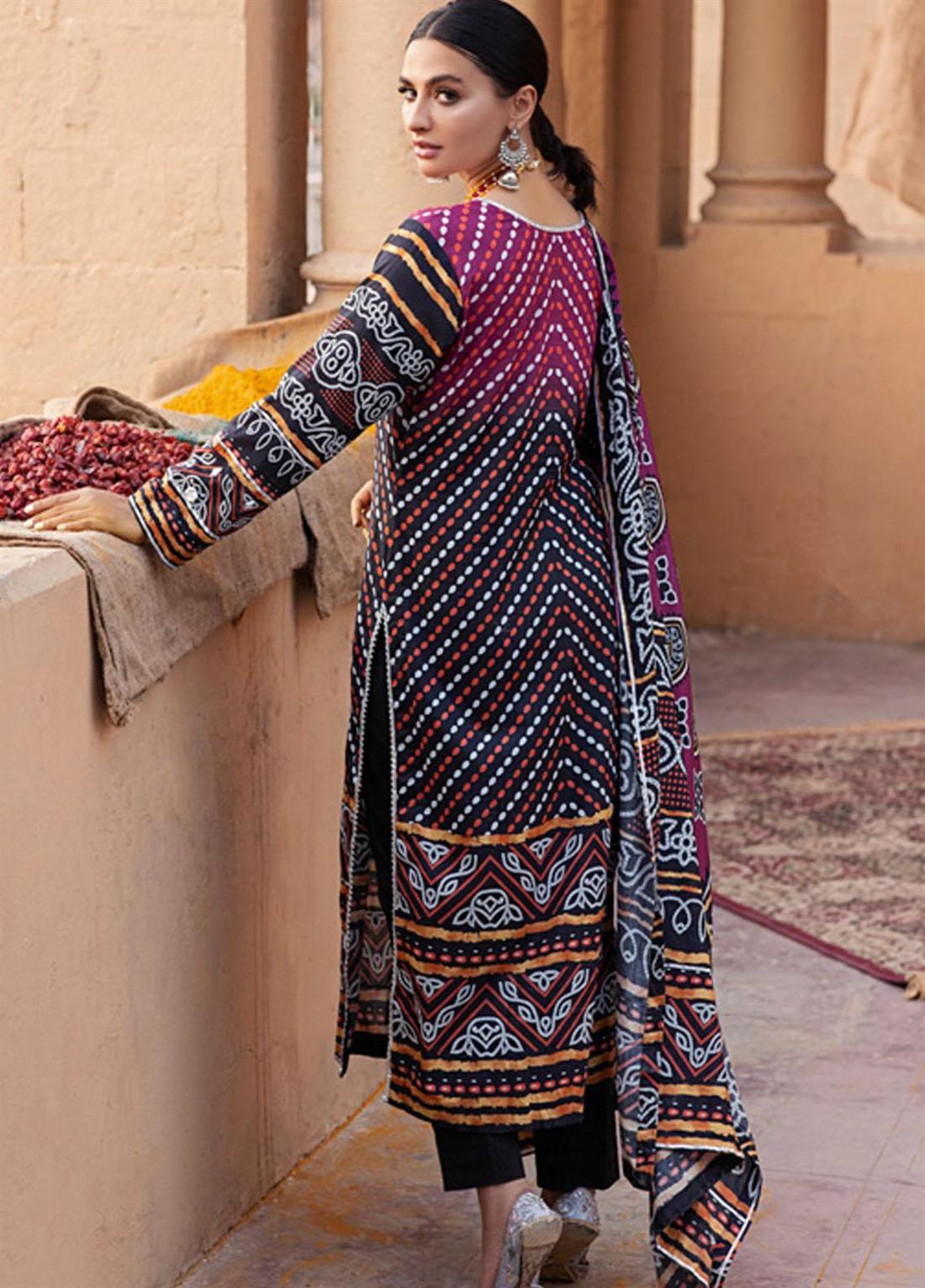 Black & Maroon Printed Black/Maroon Lawn Salwar Suit with Chunri Dupatta