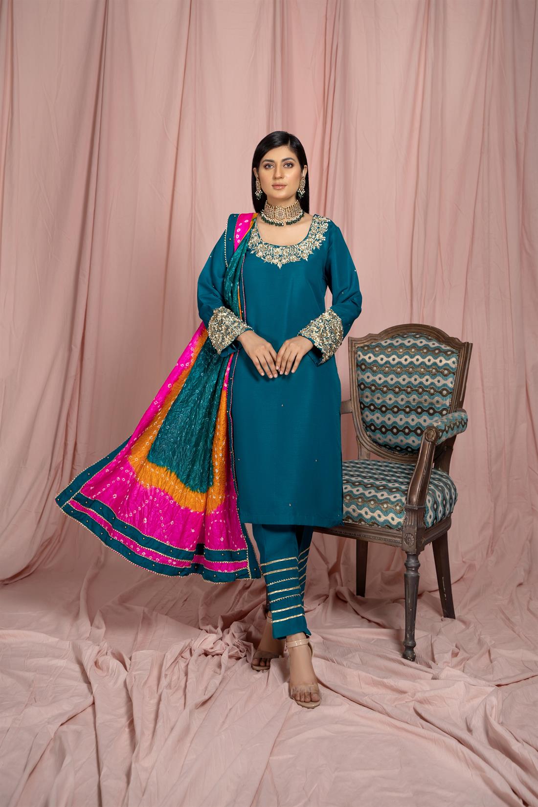 Teal Green Embroidered Raw Silk 3 Piece Readymade Salwar Kameez with Chunri Dupatta