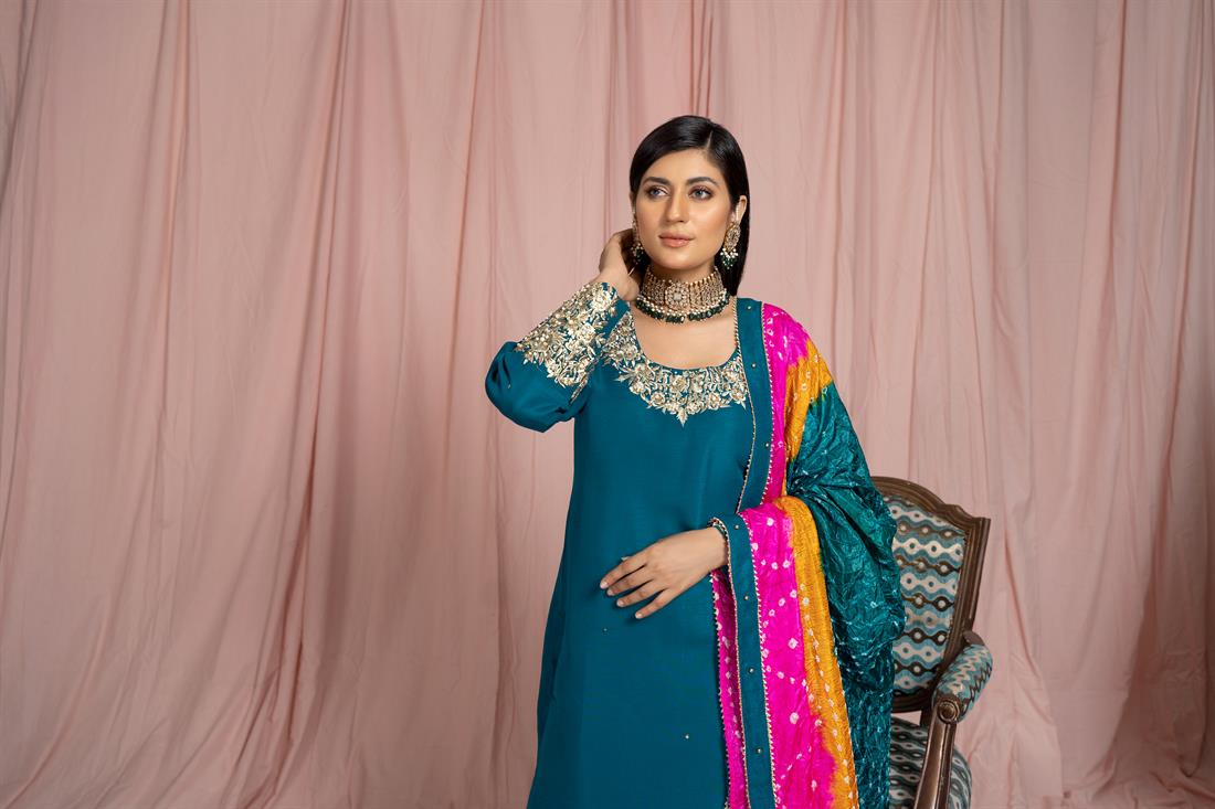 Teal Green Embroidered Raw Silk 3 Piece Readymade Salwar Kameez with Chunri Dupatta