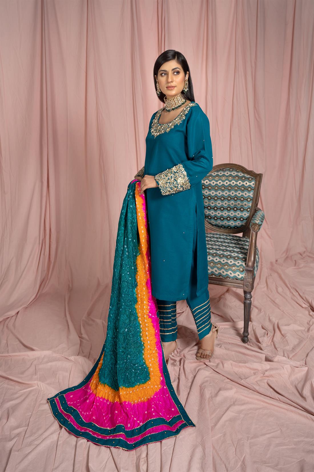 Teal Green Embroidered Raw Silk 3 Piece Readymade Salwar Kameez with Chunri Dupatta