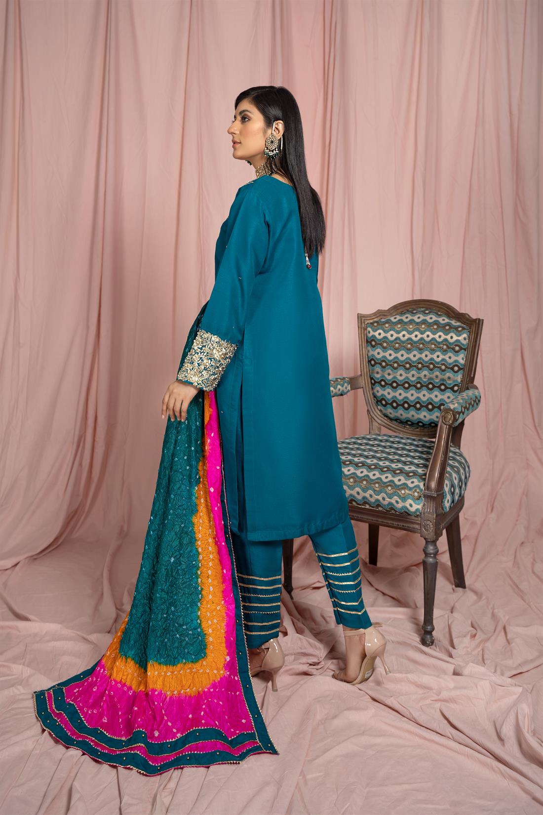 Teal Green Embroidered Raw Silk 3 Piece Readymade Salwar Kameez with Chunri Dupatta