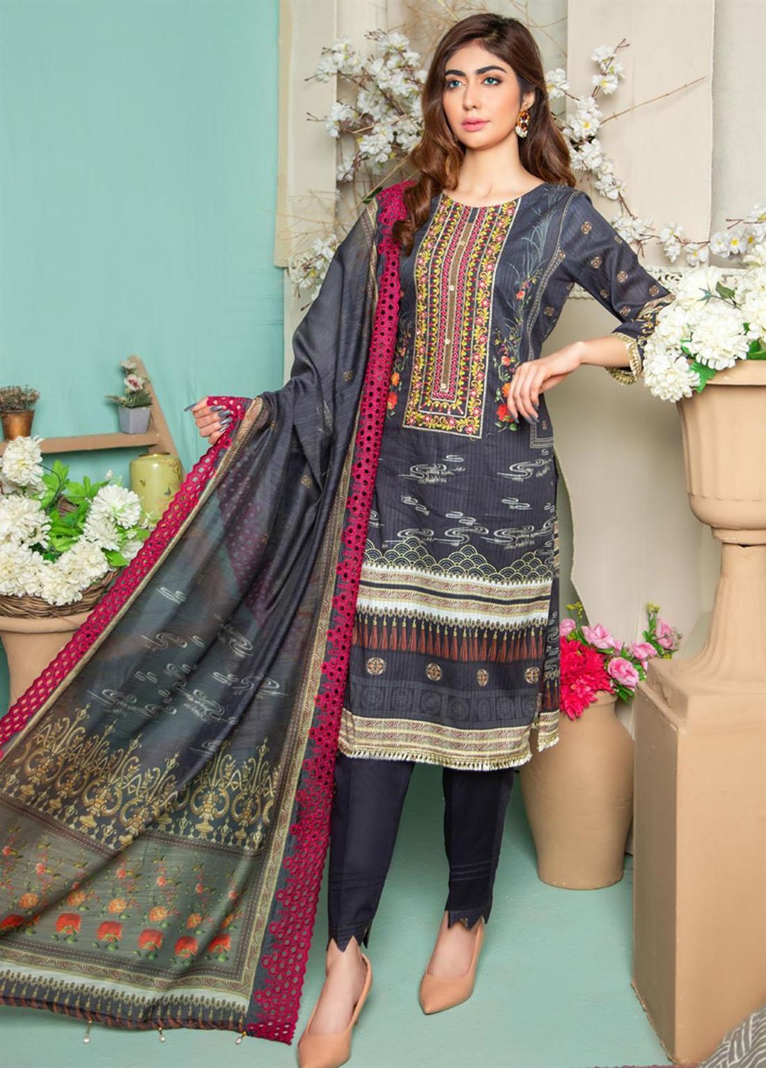 Navy & Multicolour Cutwork 3 Piece Navy/Multicolour Stripe Embroidered Lawn Salwar Suit