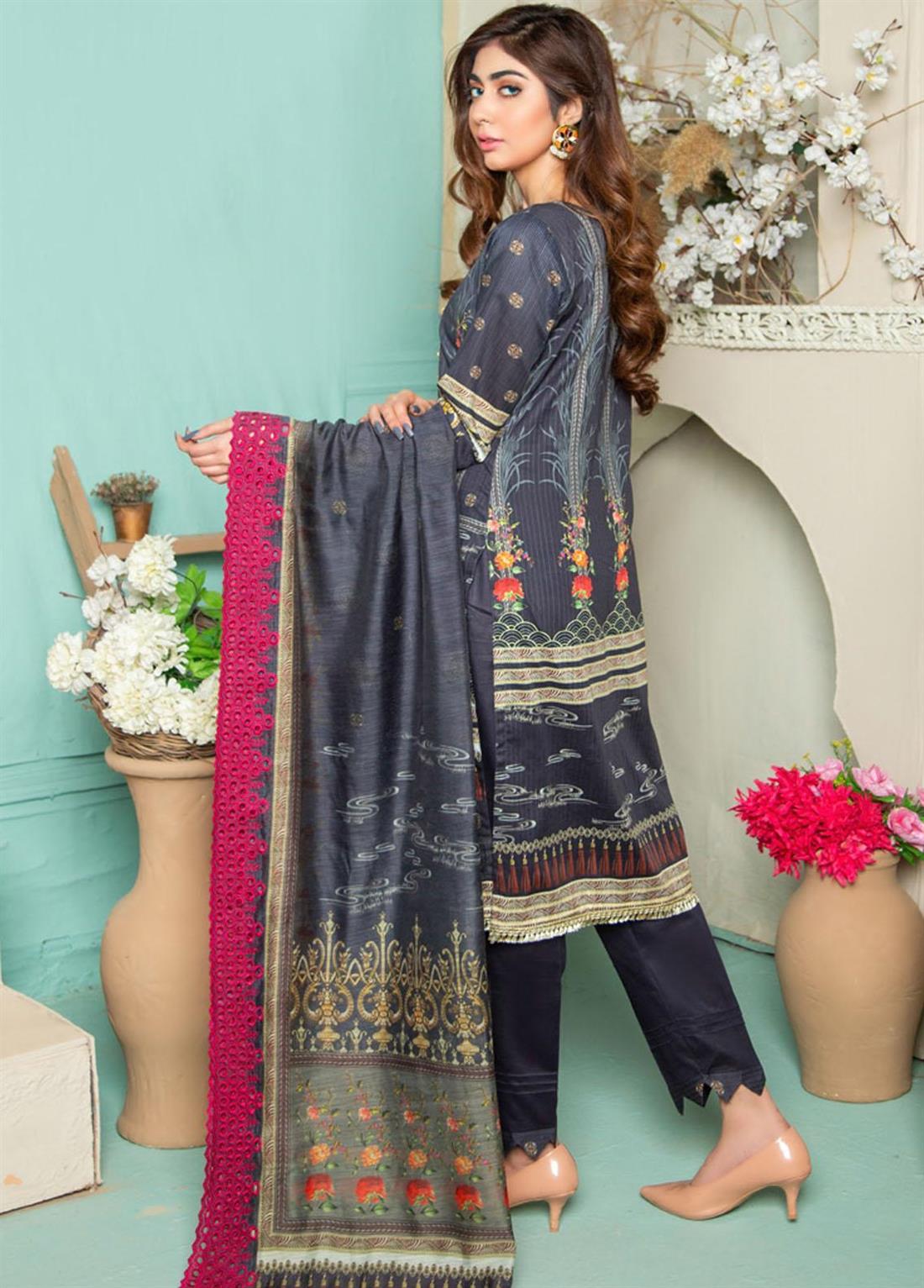 Navy & Multicolour Cutwork 3 Piece Navy/Multicolour Stripe Embroidered Lawn Salwar Suit