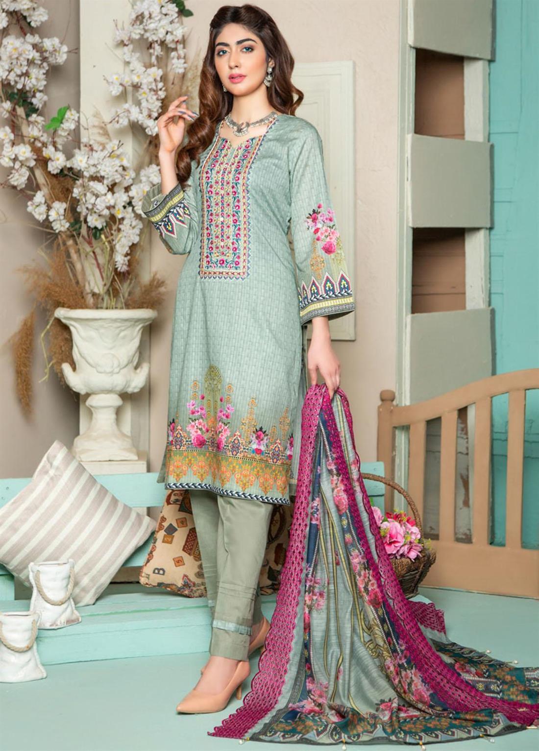 Mint Cutwork Readymade Stripe Embroidered Lawn Salwar Suit